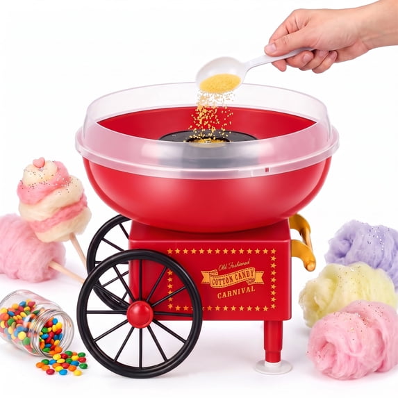 Suodoka Retro Cotton Candy Maker, Vintage Cart Candy Floss Machine for Parties and Events, Includes Sticks and Scoop, Red