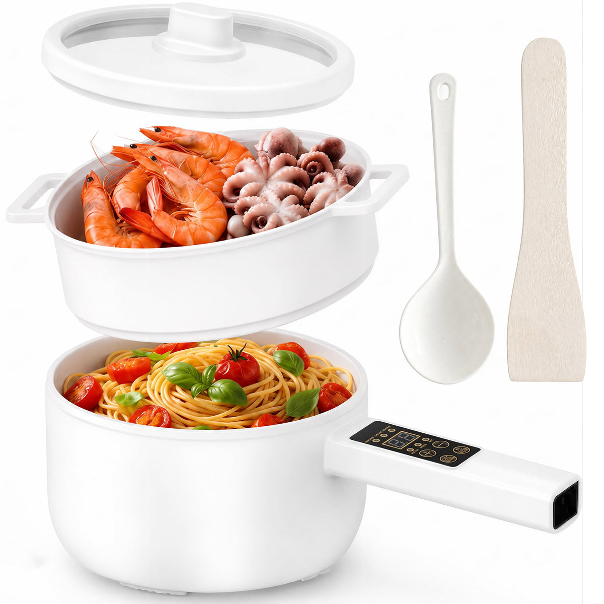 Suodoka Electric Hot Pot, Smart Non-Stick Ceramic Cooking Pot with Long Handle, 5 Modes, LED Touch Screen and 9.5H Timer, White