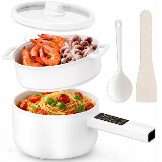 Suodoka Electric Hot Pot, Smart Non-Stick Ceramic Cooking Pot with Long Handle, 5 Modes, LED Touch Screen and 9.5H Timer, White
