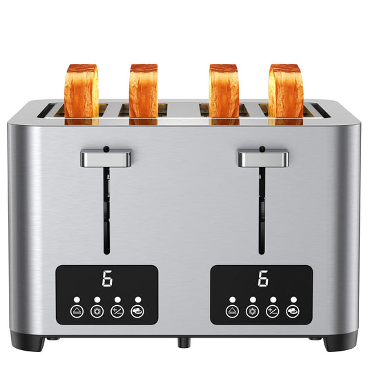 Suodoka Toaster 4 Slice with Touchscreen, Stainless Steel Bread Toaster, 6 Browning Shade Settings,1.57 inch Wide Slots with Reheat, Cancel, Defrost Functions, New