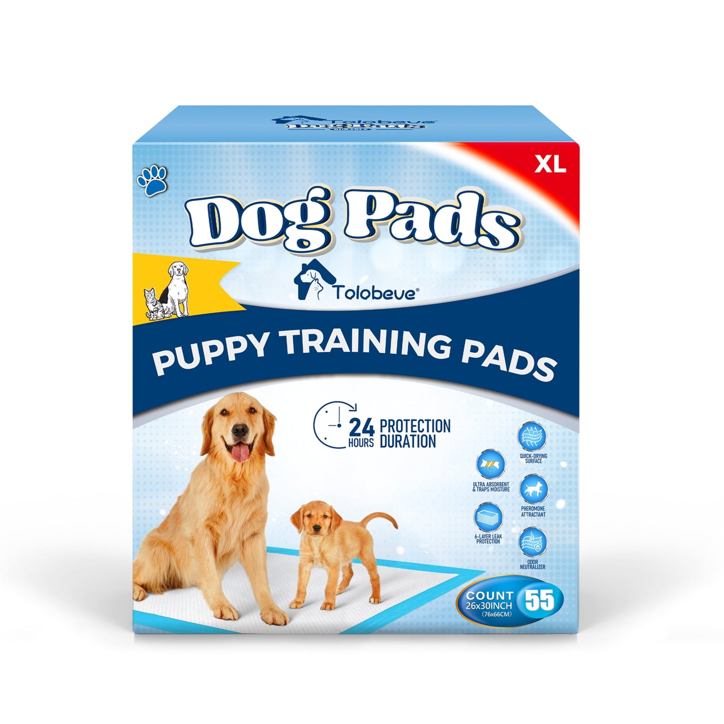 Tolobeve Dog Training Pads, XL, 26 in x 30 in, 55 Count Disposable Dog Pads, Puppy Pee Pads