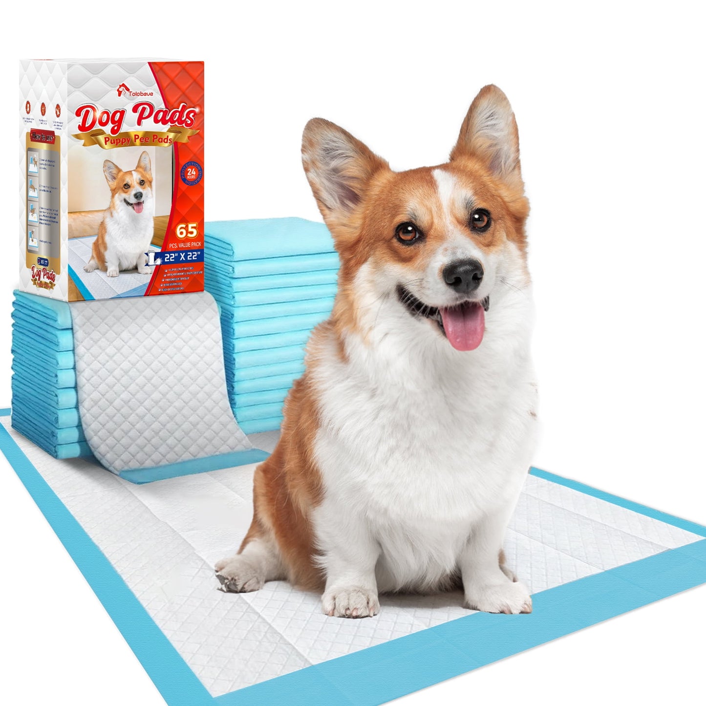 Tolobeve Puppy Pads Training Pads, Large, 22 in x 22 in, 65 Count Disposable Dog Pee Pet Pads