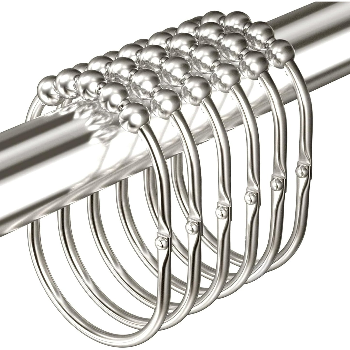 WEENEED 12-Pack Shower Curtain Rings, Rust-Resistant Metal Shower Hooks with 360° Swivel Roller Balls, Easy-Slide Bath Hooks for Fabric Liners, Chrome