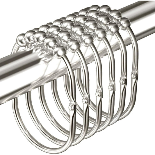 WEENEED 12-Pack Shower Curtain Rings, Rust-Resistant Metal Shower Hooks with 360° Swivel Roller Balls, Easy-Slide Bath Hooks for Fabric Liners, Chrome