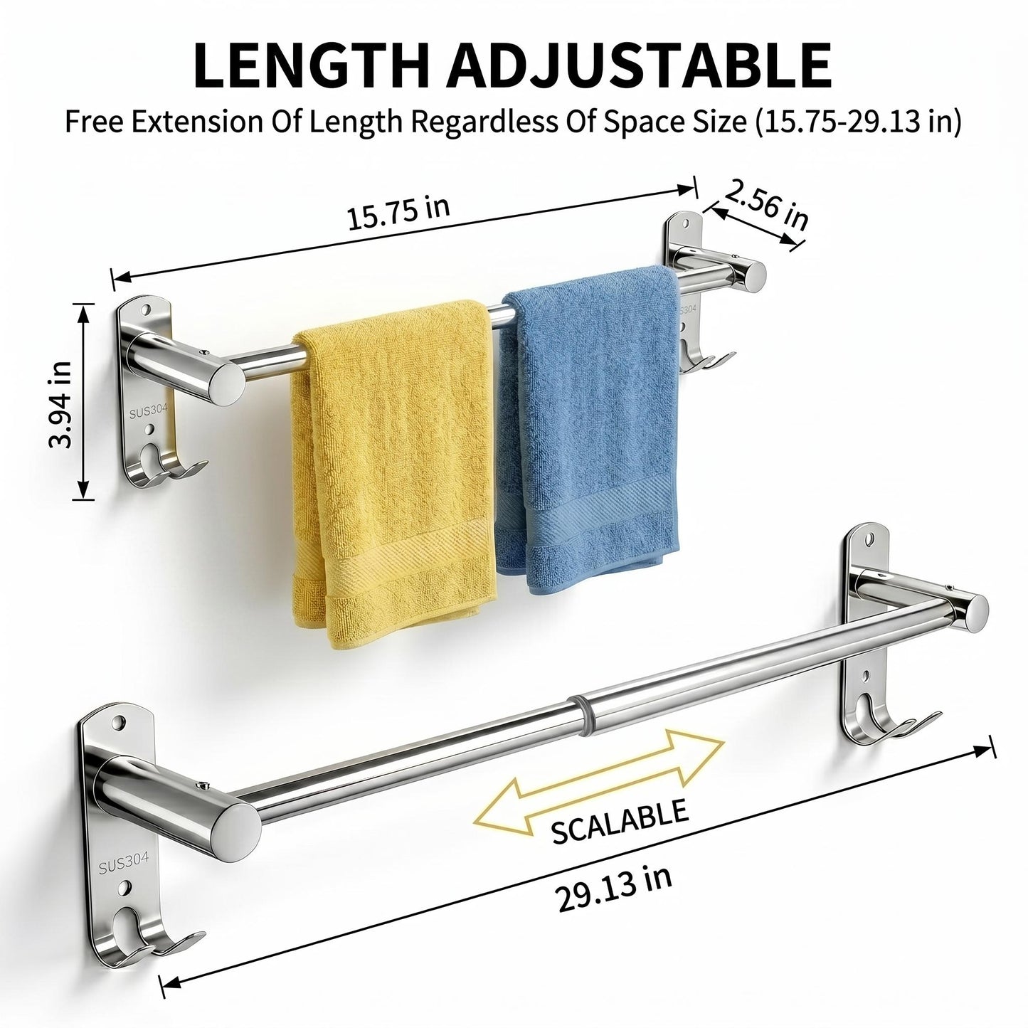 LZSDS Towel Racks for Bathroom Wall Mounted, 304 Stainless Steel Retractable Towel Bar 16-29 in with Hooks