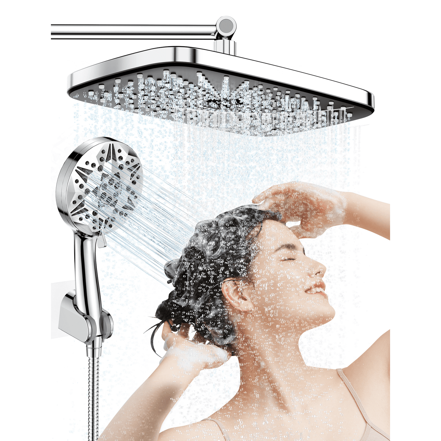 YAHHU 12 inch High Rainfall Showerhead and 10 Settings Pressure Handheld Shower Combo, Stainless Steel Dual Shower Head Set for Bathing