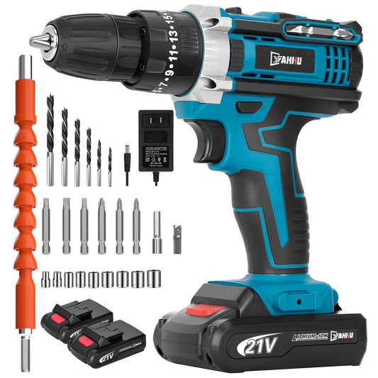 YAHHU 21V Cordless Drill Kit, 3/8" Keyless Chuck, Dual Speed Adjustable, 25+3 Torque Settings, Extensive Driver Accessories