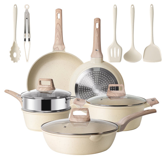 Younghome 14 Pcs Nonstick Pots and Pans Cookware Set, Kitchen Cooking Sets Easy Clean, Beige Granite