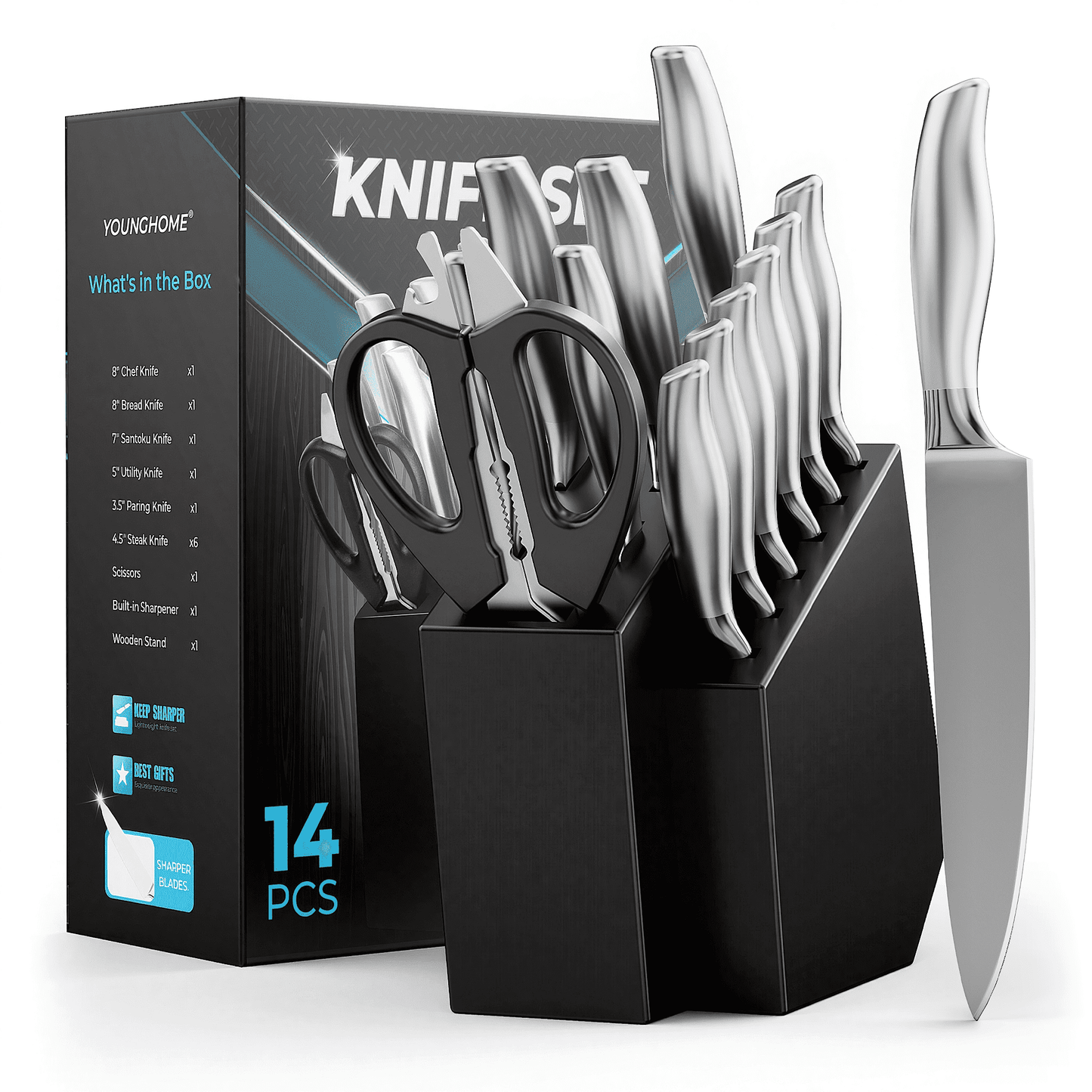 Younghome 14 Pcs Sharp Knife Set with Block Built-in Sharpener,Ergonomic Handle,Kitchen Chef Knives