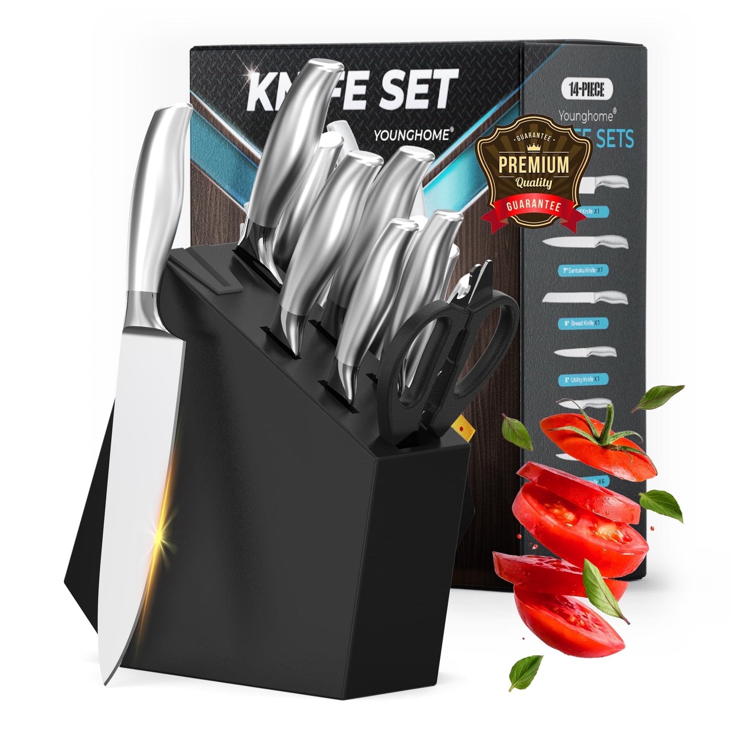 Younghome 14 Pcs Sharp Knife Set with Block Built-in Sharpener,Ergonomic Handle,Kitchen Chef Knives