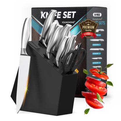 Younghome 14 Pcs Sharp Knife Set with Block Built-in Sharpener,Ergonomic Handle,Kitchen Chef Knives