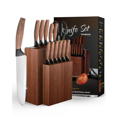 Younghome Kitchen Chef Knife Set, 13 Pcs High Carbon Stainless Steel Sharp Knife Set with Block Built-in Sharpener, Razor-Sharp
