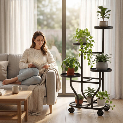 OHHANI 5-Tier Metal Plant Stand with Wheels, Tall Indoor/Outdoor Corner Flower Pot Display Shelf, Matte Black