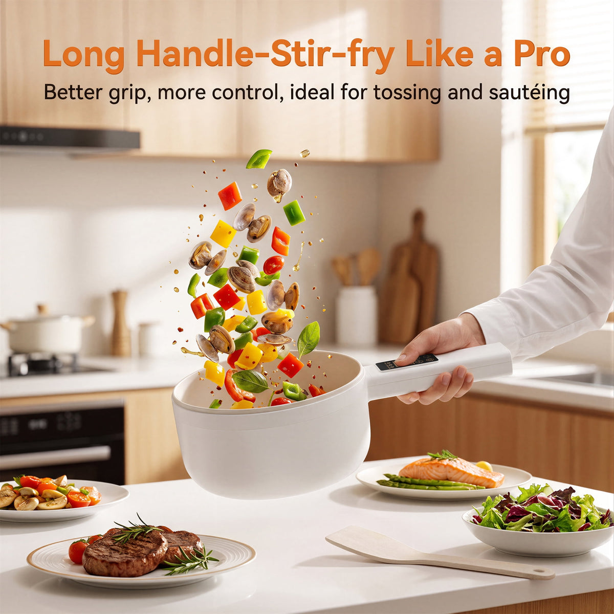 Suodoka Electric Hot Pot, Smart Non-Stick Ceramic Cooking Pot with Long Handle, 5 Modes, LED Touch Screen and 9.5H Timer, White
