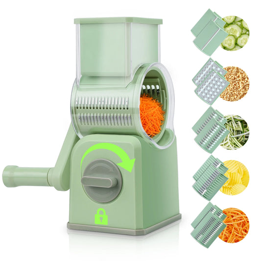 M Buder Rotary Cheese Grater with 5 Interchangeable Blades, Hand Crank Cheese Shredder, Mandoline Slicer, Suction Base, Green
