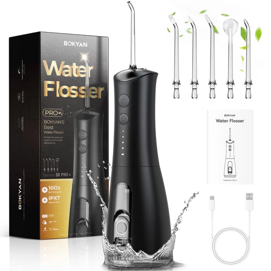 Bokyan Water Dental Flosser Pick for Teeth, 300ml Portable Oral Irrigator, Electric Flossing Cleaner, Black