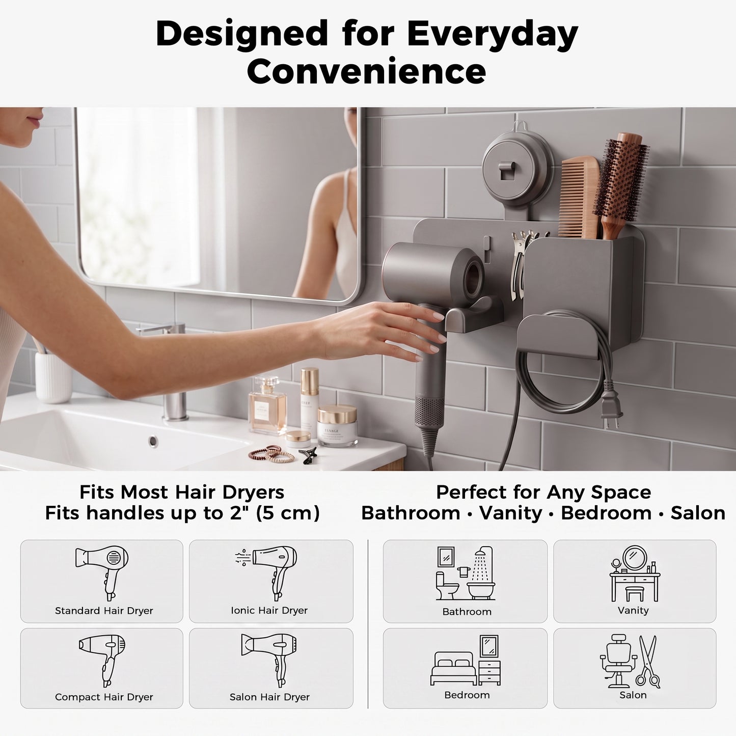 Riousery Hair Dryer Holder Wall Mount, No Drill Suction Cup Organizer with Storage Basket, Reusable Blow Dryer Holder for Bathroom