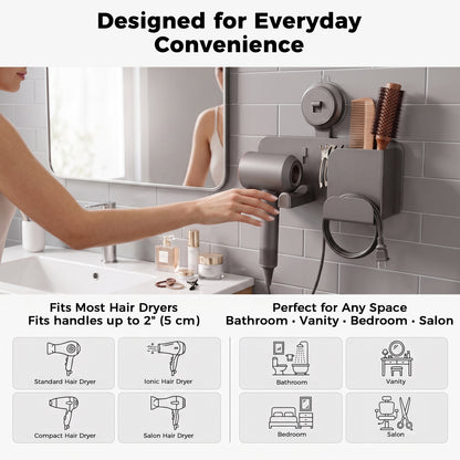 Riousery Hair Dryer Holder Wall Mount, No Drill Suction Cup Organizer with Storage Basket, Reusable Blow Dryer Holder for Bathroom