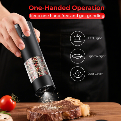 M Buder Electric Salt and Pepper Grinder Set, Automatic Battery Pepper Mill Shakers Adjustable Coarseness Easy Filling with Led, 2 Pack, Black