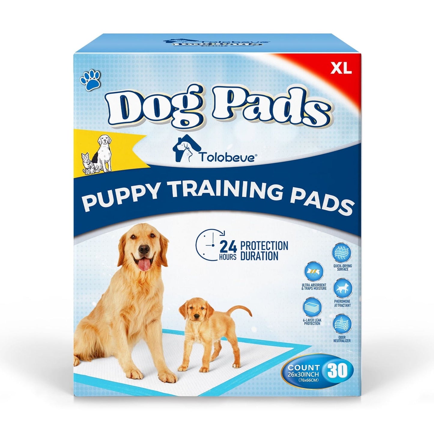 Tolobeve Dog Training Pads, XL, 26 in x 30 in, 30 Count Disposable Dog Pads, Puppy Pee Pads