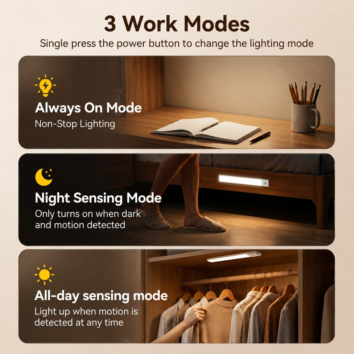 OHHANI 34 LED Under Cabinet Lights, 3 Color Temperature Adjustable, Usb Rechargeable Motion Sensor Lights with Magnetic Strip for Kitchen, Wardrobe, Stairs, 4 Pack