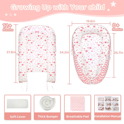 Rupoun Baby Lounger for Newborn Boys and Girls, Portable Infant Nest, Pink