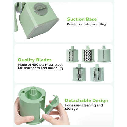 M Buder Rotary Cheese Grater with 5 Interchangeable Blades, Hand Crank Cheese Shredder, Mandoline Slicer, Suction Base, Green