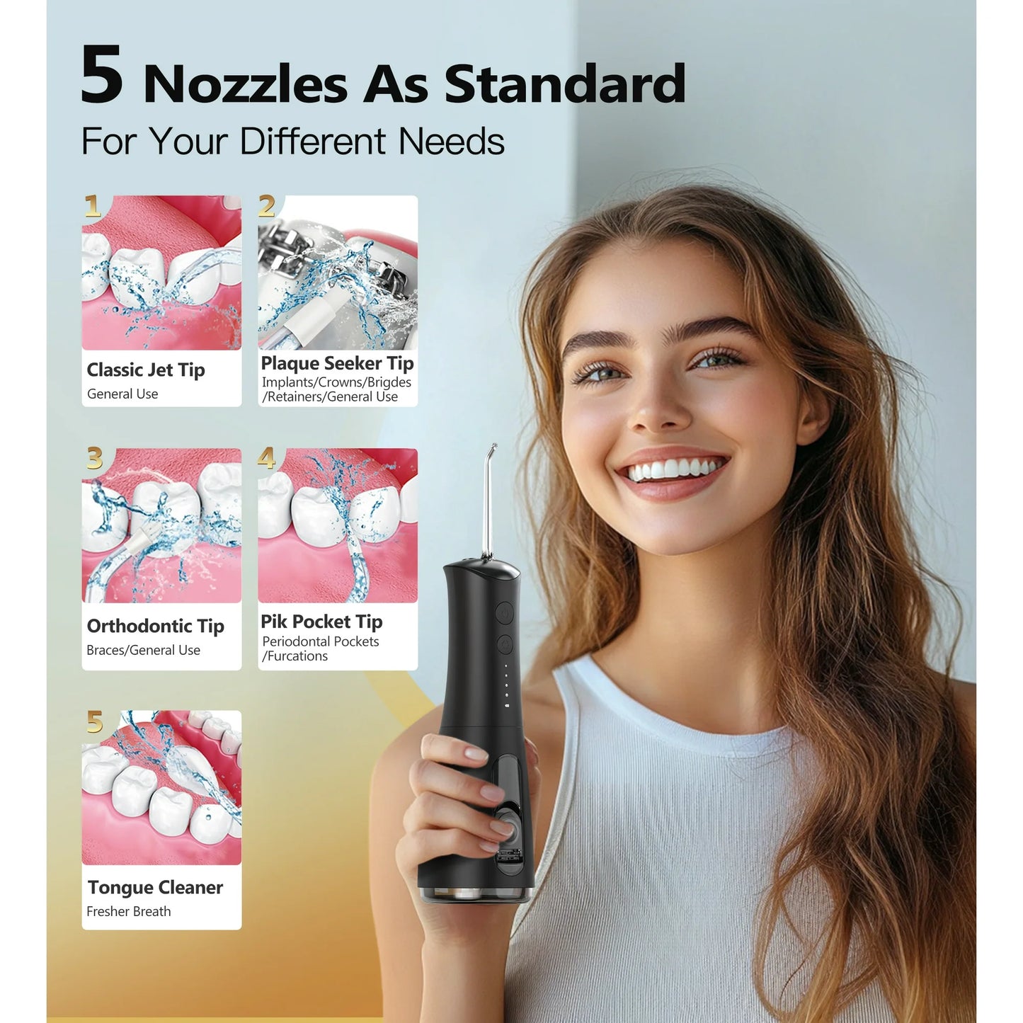 Bokyan Water Dental Flosser Pick for Teeth, 300ml Portable Oral Irrigator, Electric Flossing Cleaner, Black