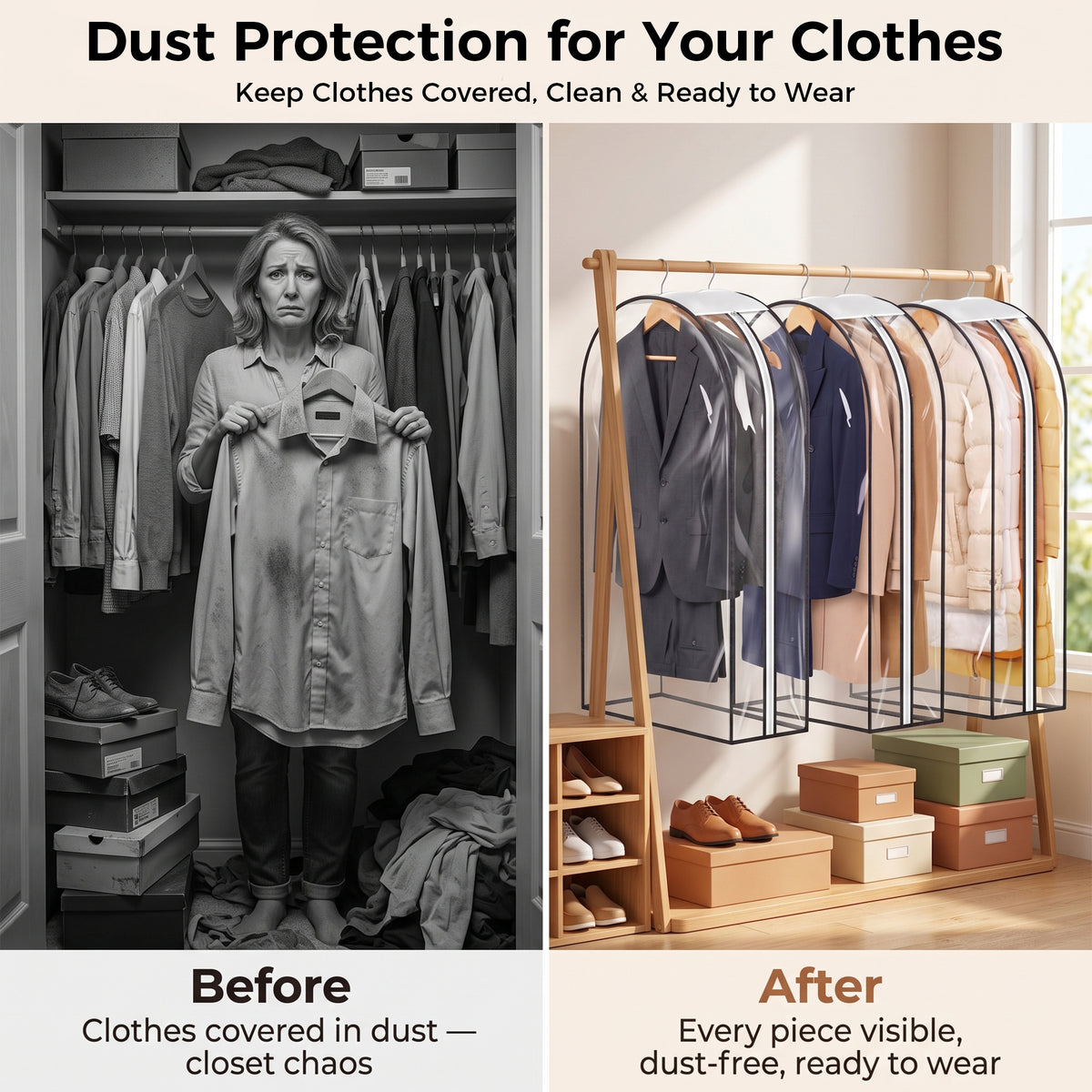 Riousery Clear Garment Bags for Closet Storage, 3 Pack Hanging Clothes Covers with 10" Gusset, Waterproof PEVA Suit Bags with Side Zipper for Dresses, Jackets and Coats