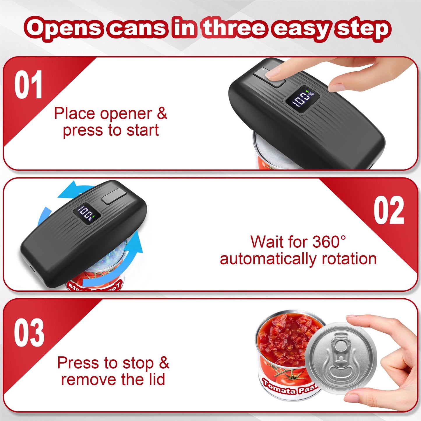 Suodoka Electric Can Opener, USB Rechargeable with LED Display, One-Touch Operation, Smooth Edge, Hands-Free for Kitchen, Seniors & Arthritis Users, Black