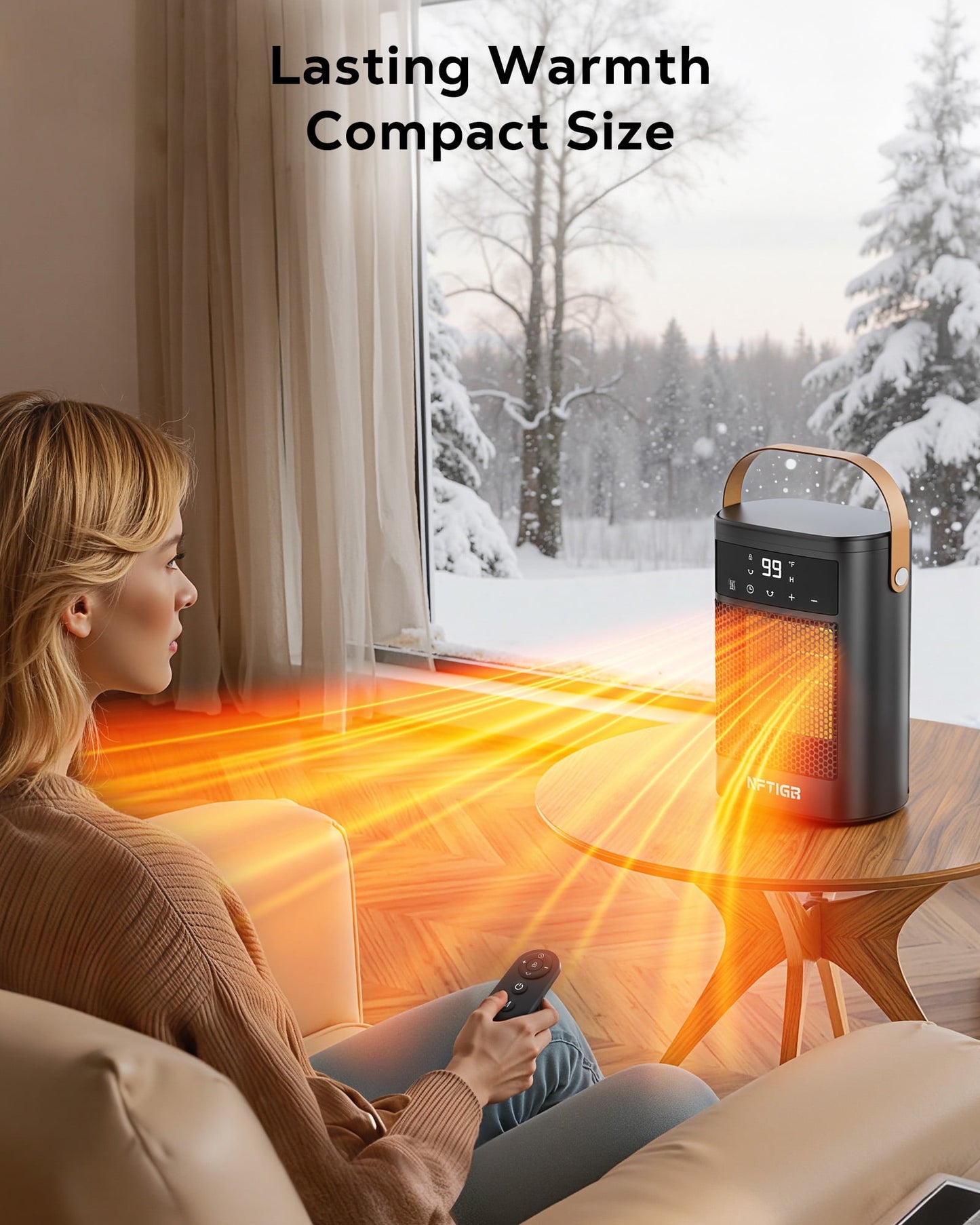 NFTIGB Small Portable Space Heater for Indoor with Remote, 1500W PTC Electric Heaters 70°Rotating, 12 H Timer,3 Modes, New