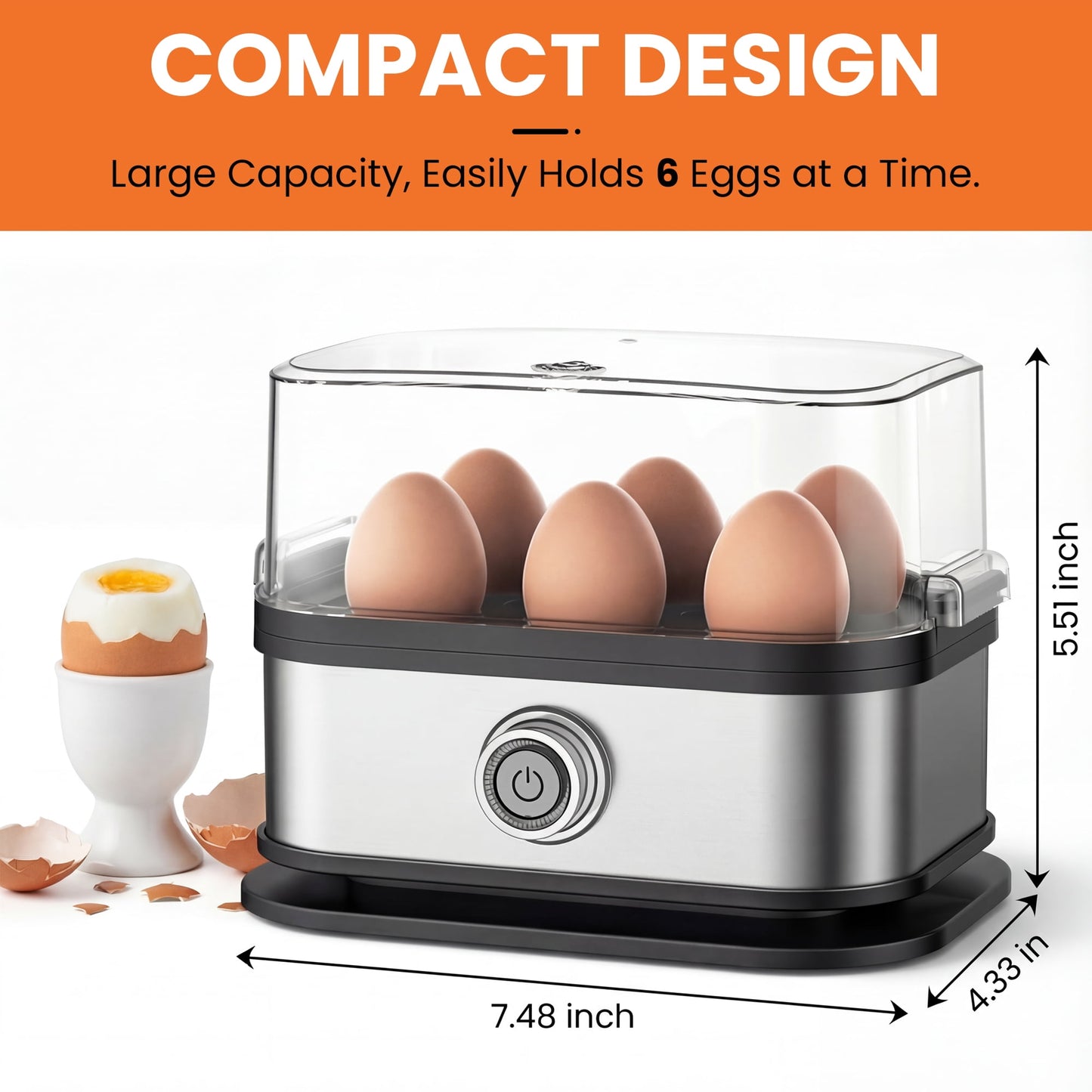 Casualife Electric Egg Cooker, 6 Eggs, Auto Shut-Off, Rapid Boil, with Measuring Cup & Poaching Tray