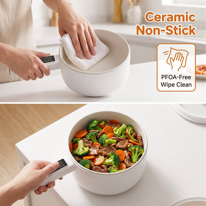 Suodoka Electric Hot Pot, Smart Non-Stick Ceramic Cooking Pot with Long Handle, 5 Modes, LED Touch Screen and 9.5H Timer, White