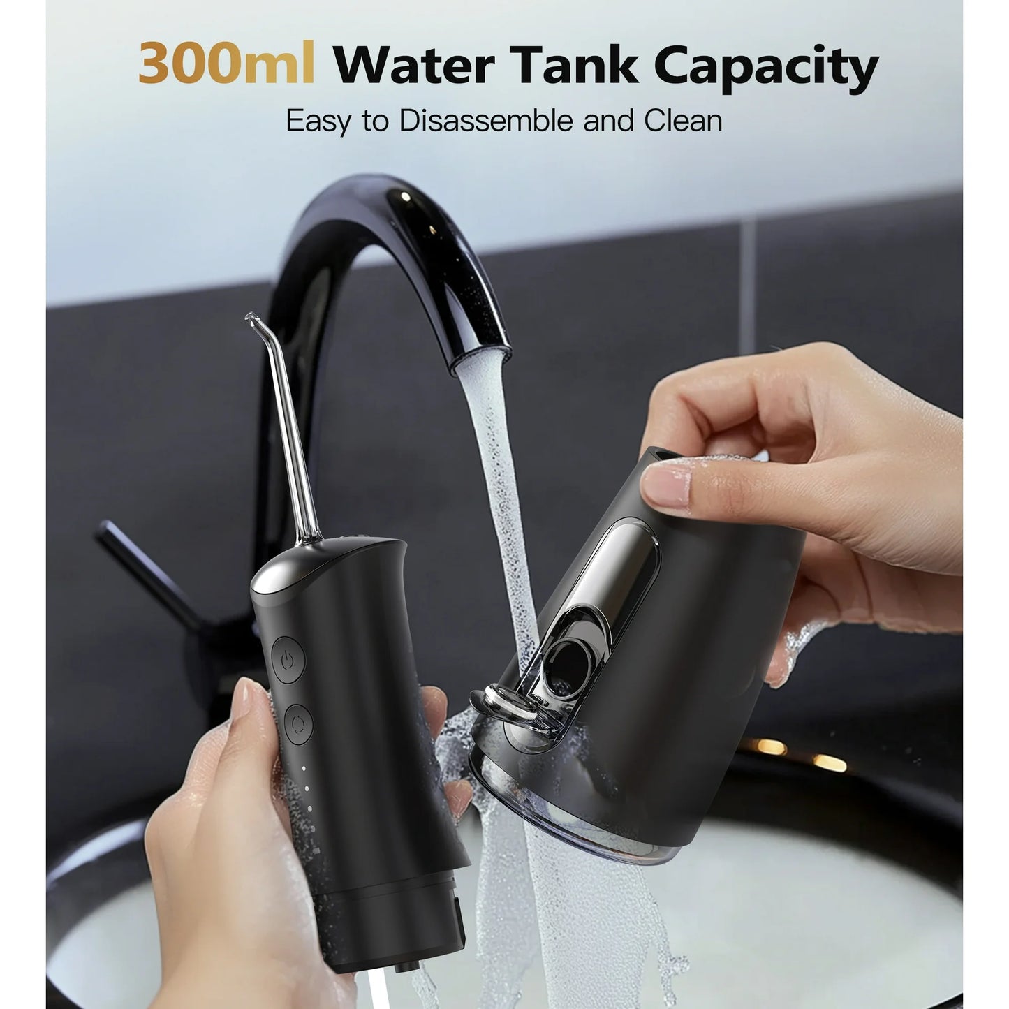 Bokyan Water Dental Flosser Pick for Teeth, 300ml Portable Oral Irrigator, Electric Flossing Cleaner, Black