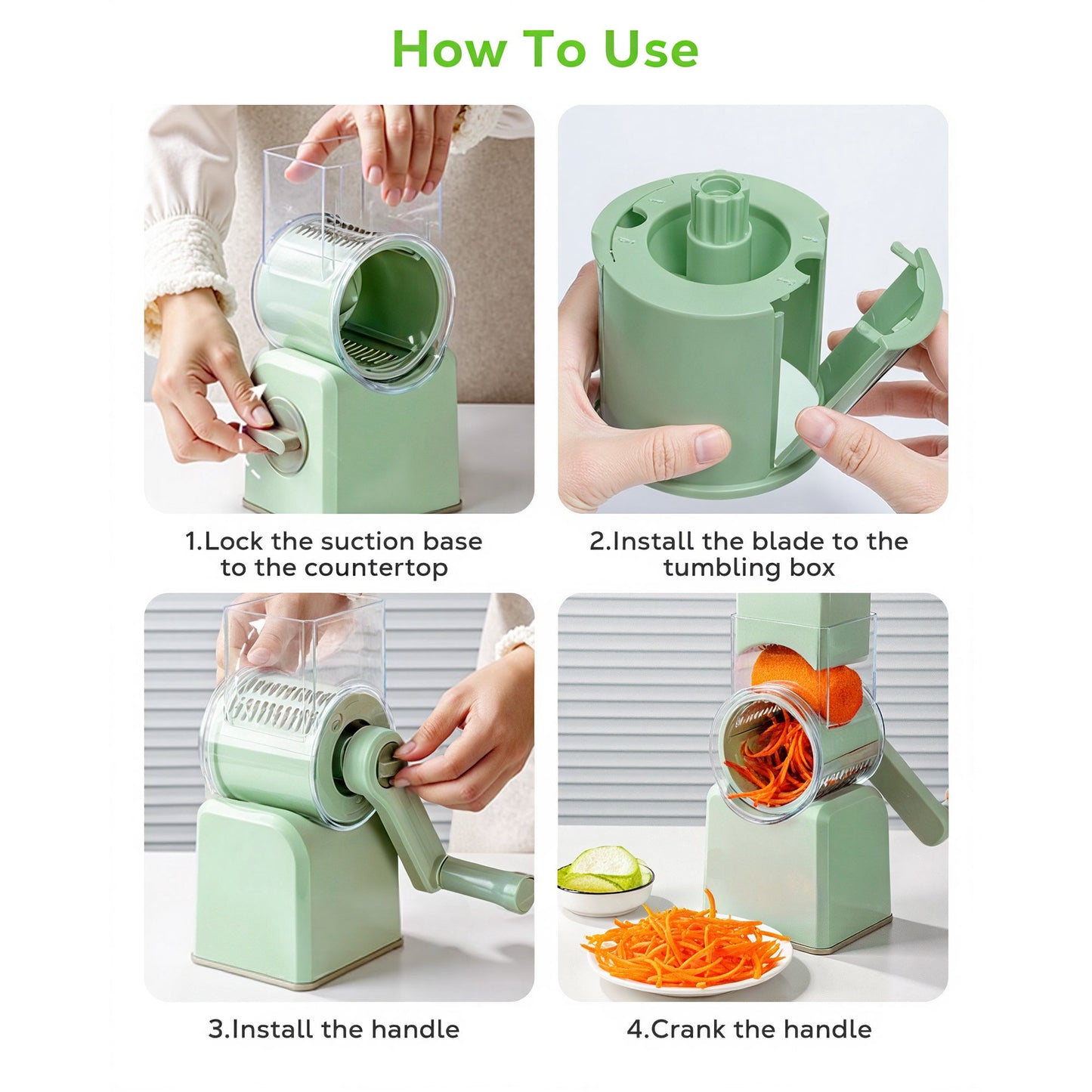 M Buder Rotary Cheese Grater with 5 Interchangeable Blades, Hand Crank Cheese Shredder, Mandoline Slicer, Suction Base, Green