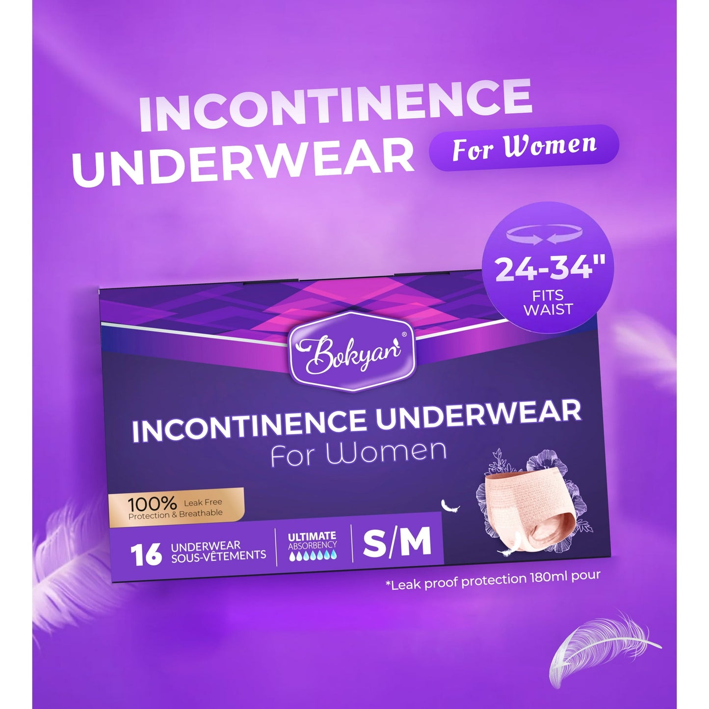 Bokyan Adult Incontinence Underwear for Women,Postpartum Bladder Leak Underwear,Disposable,S/M,16 Ct