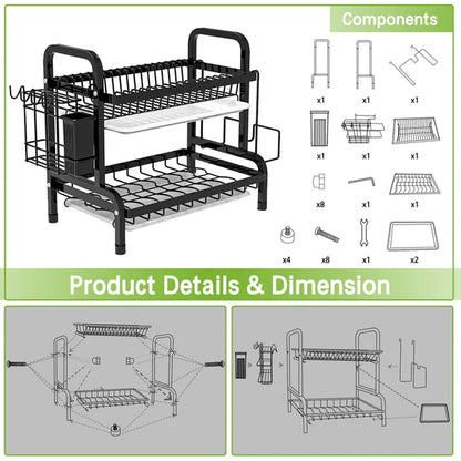 Riousery 2-Tier Dish Rack for Kitchen, Dish Drying Rack with Drain Board Tray, Compact Dishing Rack with Utensil Holder, Cutting Board Holder, Kitchen Dishes Storage and Organizers