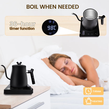 Casualife Gooseneck Electric Kettle, 28Oz Pour Over with Temp Control, 1200W Fast Boil, 36-Hour Timer, Stopwatch, Matte Black