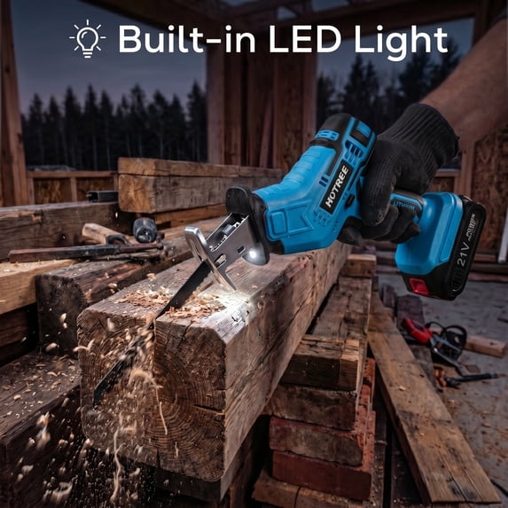 HOTREE Cordless Reciprocating Saw with LED Light, Variable Speed, 2 x 2.0Ah Batteries, Blades Kit for Wood, Metal, PVC Cutting