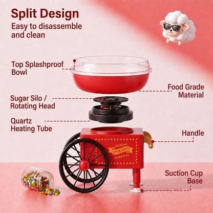 Suodoka Retro Cotton Candy Maker, Vintage Cart Candy Floss Machine for Parties and Events, Includes Sticks and Scoop, Red