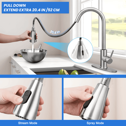 NFTIGB Kitchen Faucet with Pull Down Sprayer, Stainless Steel Kitchen Sink Faucet with Deck Plate to Cover Hole