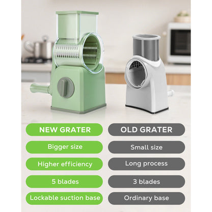 M Buder Rotary Cheese Grater with 5 Interchangeable Blades, Hand Crank Cheese Shredder, Mandoline Slicer, Suction Base, Green