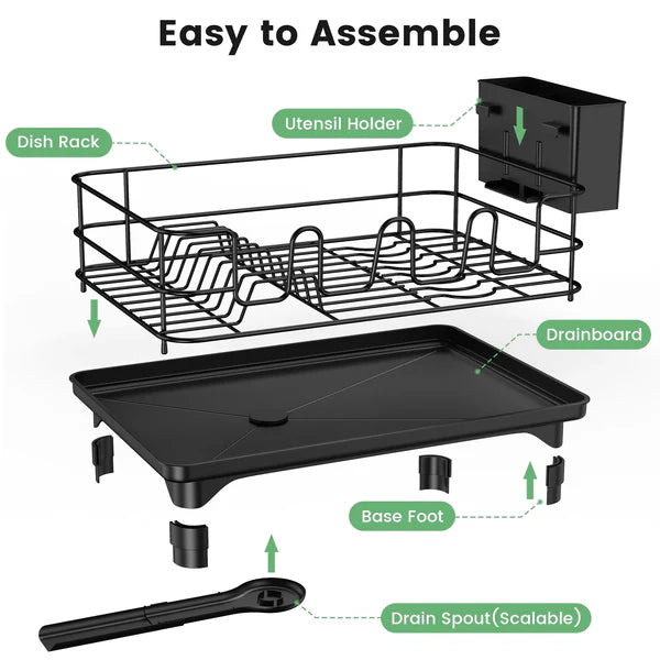 Riousery Dish Drying Rack for Kitchen Counter, Compact Dish Rack Drain Set with Utensil Holder,Cup Holder,Black