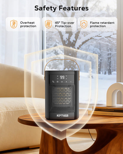 NFTIGB Small Portable Space Heater for Indoor with Remote, 1500W PTC Electric Heaters 70°Rotating, 12 H Timer,3 Modes, New