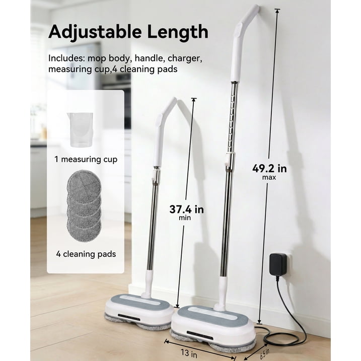 FVSA Cordless Electric Mop, Self Propelled Spin Mop for Floor Cleaning with Water Spray and LED Light, Adjustable Handle, 60 Min Runtime