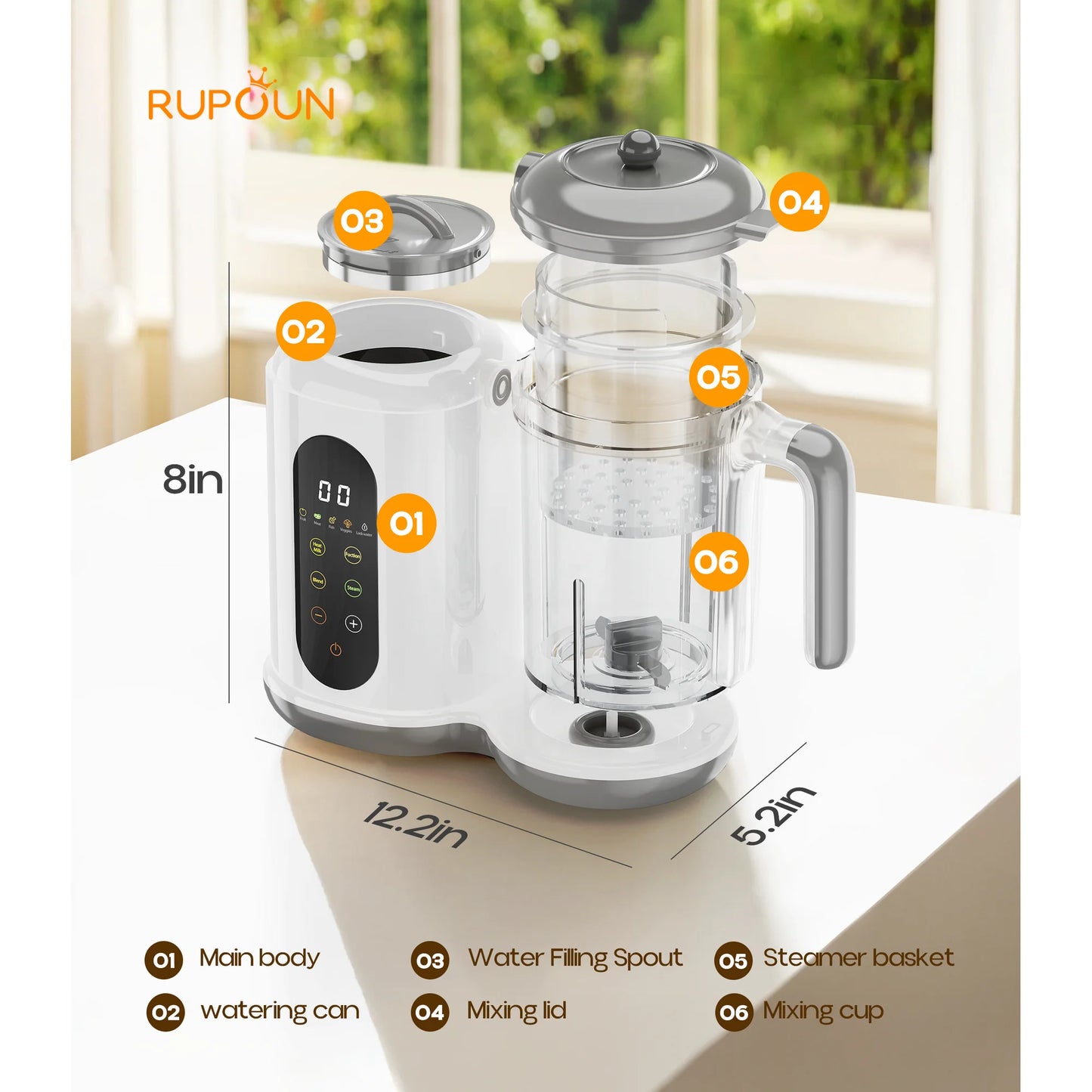 Rupoun Baby Food Maker and Steamer, Blender and Puree Maker, Gift for Healthy Homemade, Child, Infant, Toddler, White