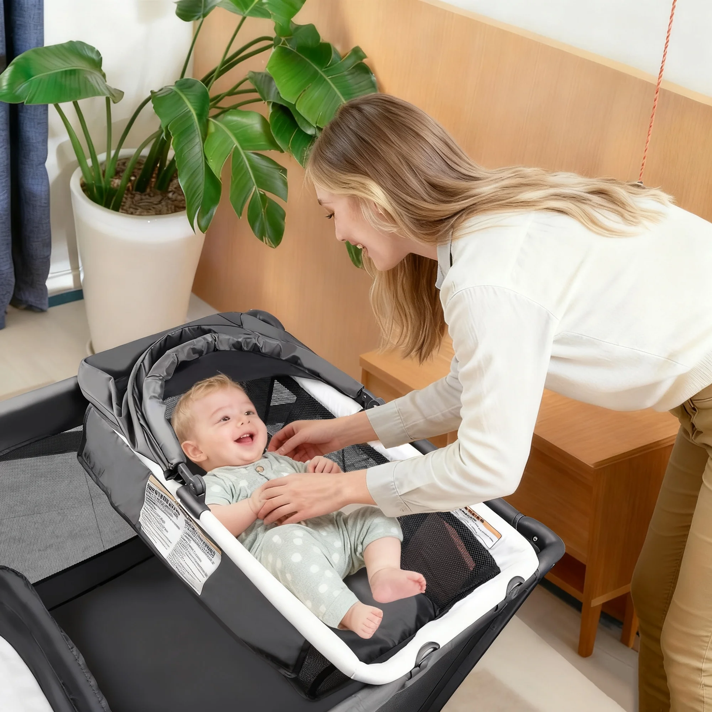 RUPOUN Baby Playards, Foldable Nursery Center Playpen and Toy Mobile, Portable Travel Bassinet, Locking Wheels, Gray