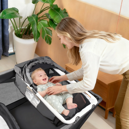 RUPOUN Baby Playards, Foldable Nursery Center Playpen and Toy Mobile, Portable Travel Bassinet, Locking Wheels, Gray