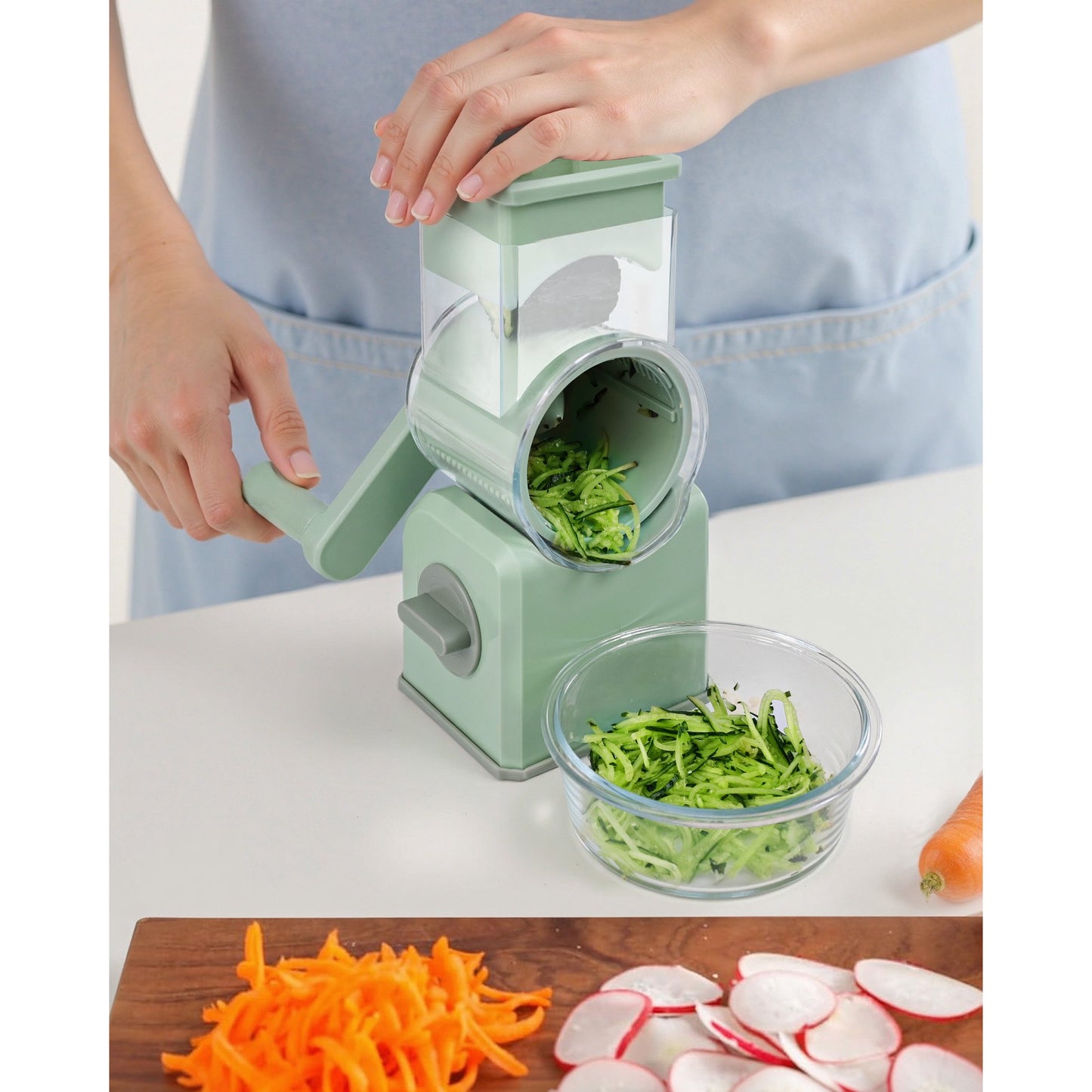 M Buder Rotary Cheese Grater with 5 Interchangeable Blades, Hand Crank Cheese Shredder, Mandoline Slicer, Suction Base, Green