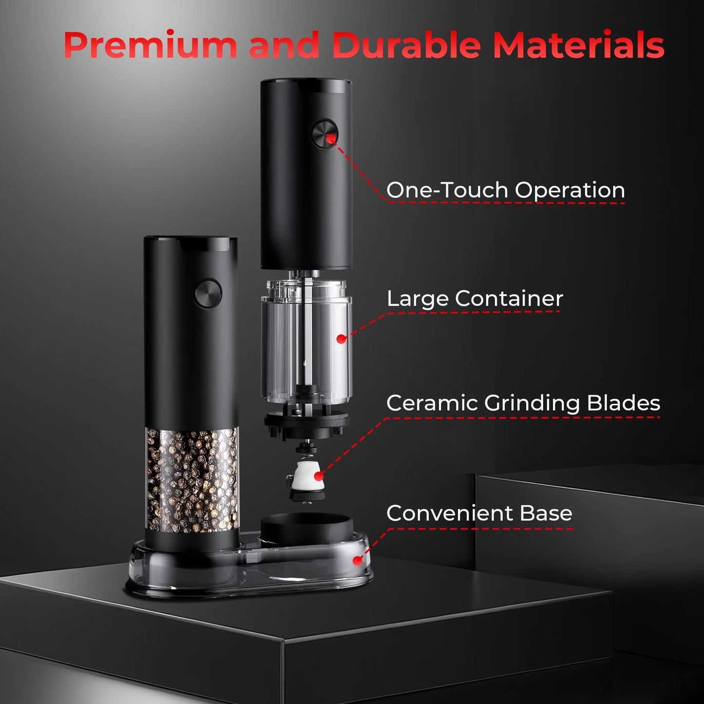 M Buder Electric Salt and Pepper Grinder Set, Automatic Battery Pepper Mill Shakers Adjustable Coarseness Easy Filling with Led, 2 Pack, Black